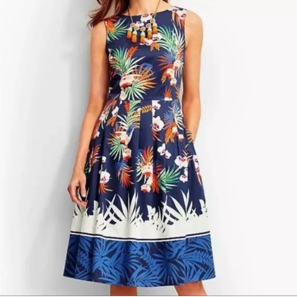 Talbots Navy Blue A Line Orchid Print Pleated Fully Lined Midi Dress sz 8P